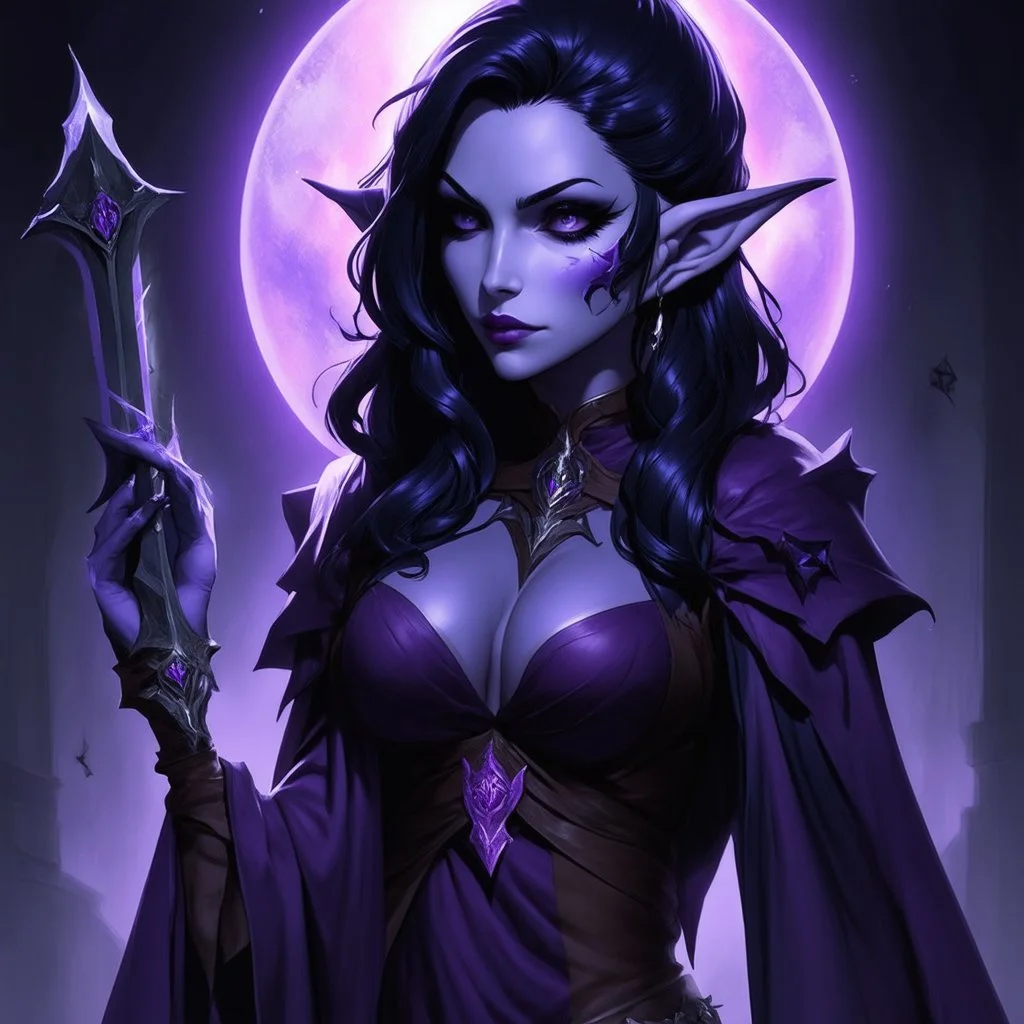 drow elf woman, sorceress, dark hair, purple skin, digital art, dark fantasy