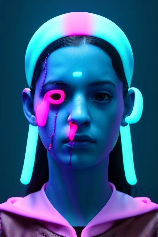 Ultra Realistic image, Rosalía artist, waist up portrait, black eye line, angry face , gold, blue, pop style, pink spray line make up, geometric, led lights, neon, rings piercing, led ornament, fog, bubble latex coat, vibrant color, highly detailed, art stations, concept art, smooth, unreal engine 5, god rays, ray tracing, RTX, lumen lighting, ultra detail, volumetric lighting, 3d, finely drawn, high definition, high resolution.