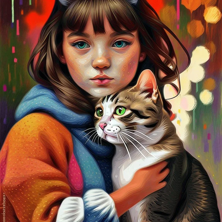 A girl and her cat inspirational styles - Pointillism, Realism and Fauvism