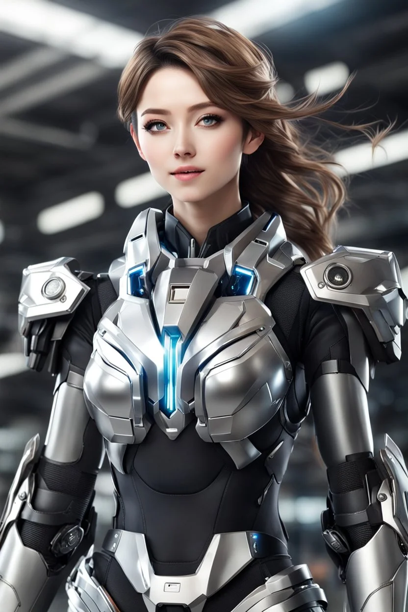 Front view excited realistic HD photograph,angel mechines,realistic photo beautiful anime digital human anime woman,full body,mechanical armor silver chromecast shine.style: details digitalphoto