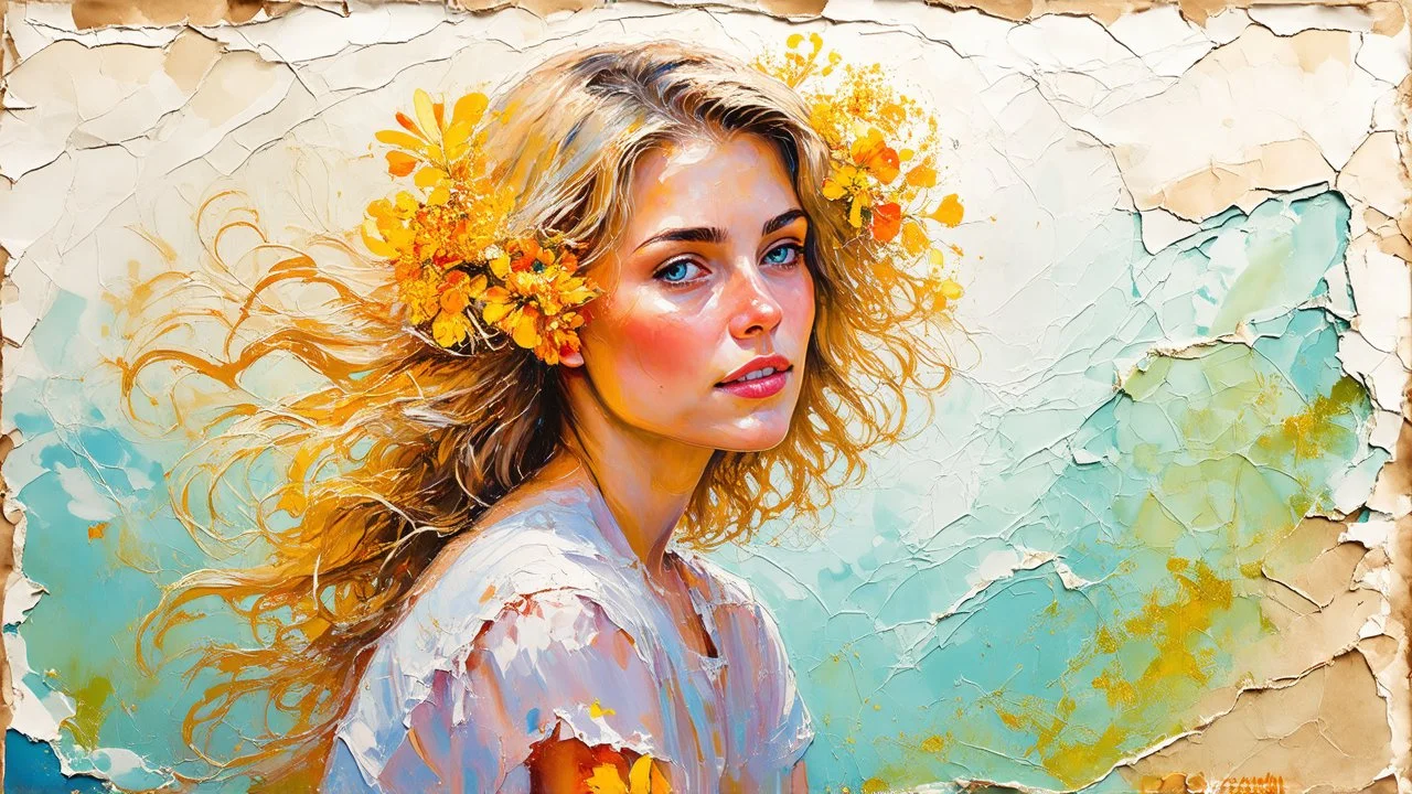 abstract art complementary colors fine details , old torn worn paper, peeling, high grain, portrait blonde , flowers in hair, acrylic, alcohol ink, fine drawing, A blonde woman in her 40s, with flowers woven into her loose, curly hair, sits in a whimsical, dreamlike setting, surrounded by delicate swirling patterns reminiscent of the textures of old torn paper, in a vibrant, abstract style combining acrylic and alcohol ink techniques, with fine detailing that highlights complementary colors, in