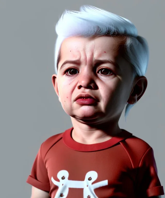 Pedro almodovar toddler, full body, white hair, dramatic lighting, hyper realistic