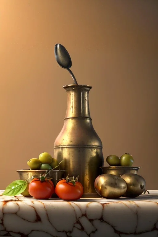 renaissance style still life composite by Raviolis dish with natural tomato, albahaca, olives, olive oil. moisture, art, natural, ornaments, marble, gold, high kitchen, smooth, gradient color background, unreal engine 5, ray tracing, RTX, lumen lighting, ultra detail, volumetric lighting, 3d.