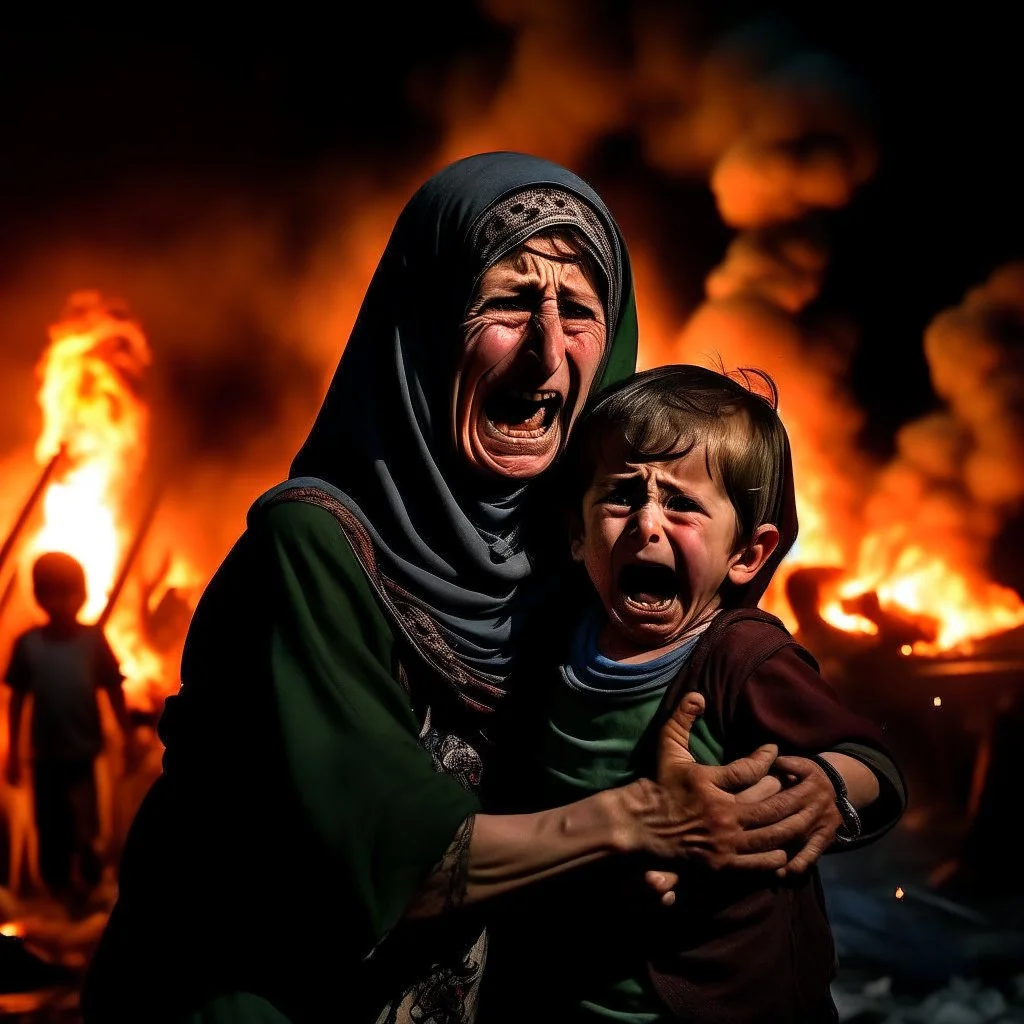 A Palestinian woman wearing the Palestinian dress carries her dead son as she screams and cries at night, with explosions in refugee tents behind her.