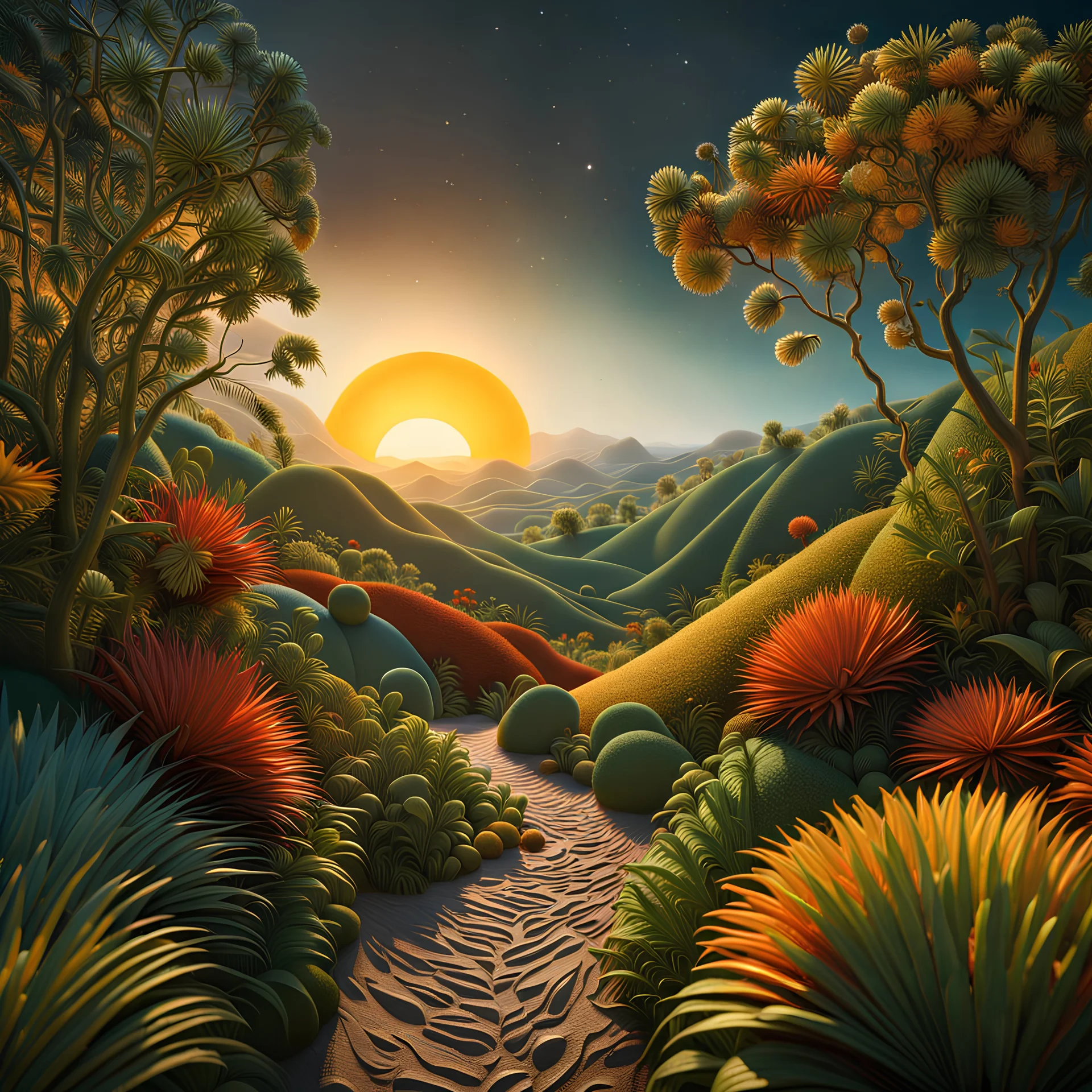 An incredibly peaceful detailed landscape, Max Ernst, Henri Rousseau, Haji Widayat, primordial nature, sun, strong texture, extreme detail, intricate, strong colours, bas-relief, high resolution, volumetric light, 8k, 3d, cinematic, rich moody colors, sparkles, decal, octane render, 55mm photography, 8k, sharp focus, volumetric light, ZBrush