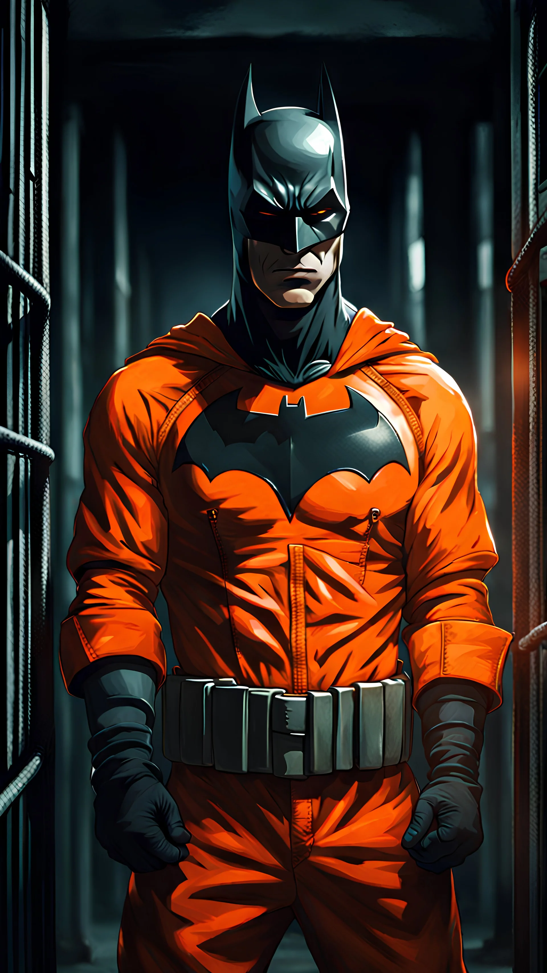 dark aesthetic, a cute Batman wearing an inmate orange jumpsuit outfit in prison, high detail, high-resolution, professional photography, ultra-detail, fantasy art