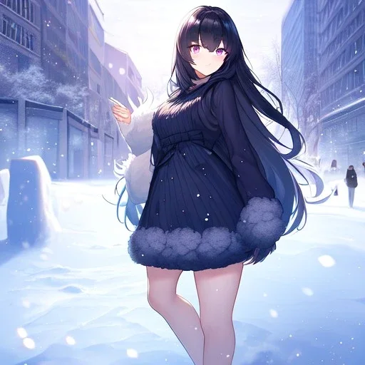 Clear focus,High resolution, black long fluffy hair, long fluffy bangs, purple eyes, wearing a snow outfit, wearing a short skirt