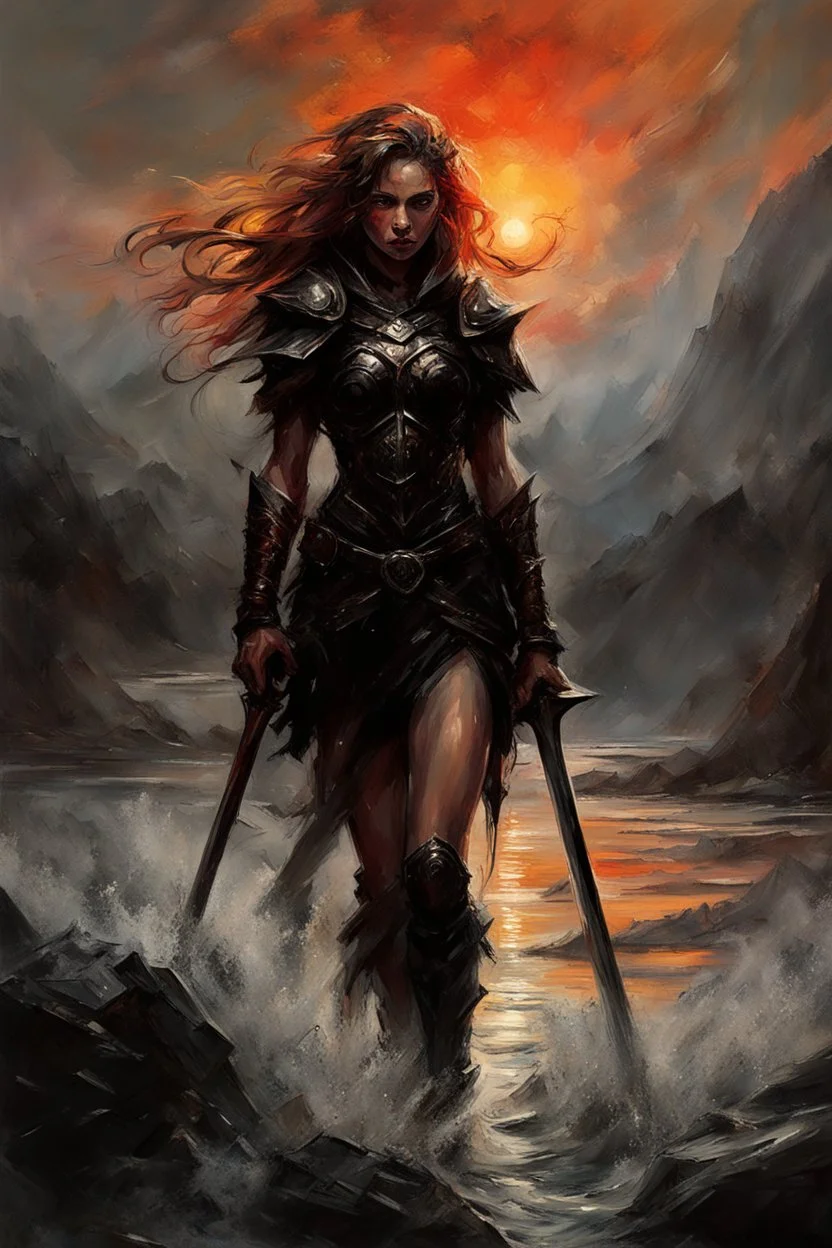 A formidable warrior girl in black armor, on the background Amazing gloomy landscape, flooded with sunset, mountains, trees, fabulous scary hero, , juicy emotions, painting, dark fantasy, bad weather, gloomy day, dark world, by Raymond Swanland & Alyssa Monks & Anna Razumovskaya & James Paick