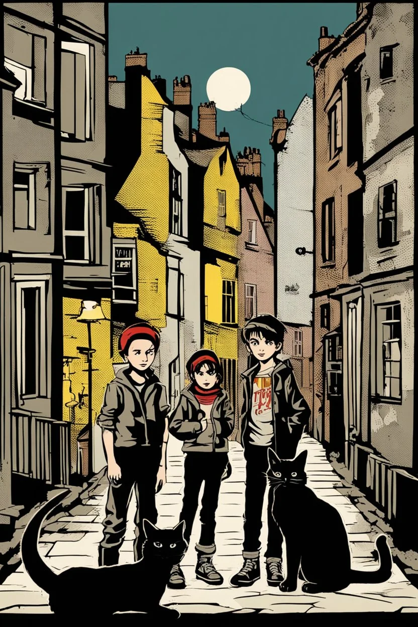 Three teenage street children two boys and one punk girl in book-cover poses on the screen of an old town plus a black cat as a companion, dark graphic style, Banksy style, Roy Fox Lichtenstein style