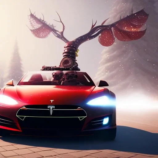 Santa claus driving his red Tesla convertible car, character design by cory loftis, fenghua zhong, ryohei hase, ismail inceoglu and ruan jia. unreal engine 5, artistic lighting, highly detailed, photorealistic, fantasy