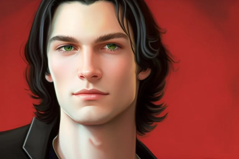 a young male with shoulder length black hair and green eyes, smirk