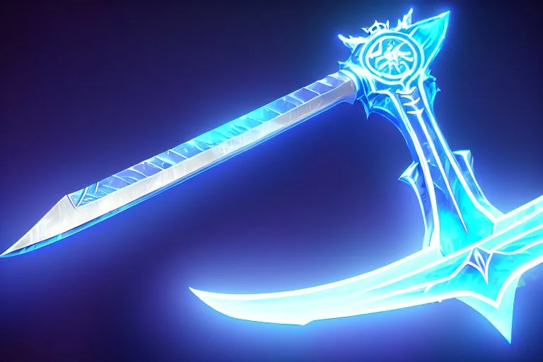 A fantasy greatsword, the blade is made up of ice, shimmering with an ethereal blue glow. It's hilt is crafted from swirling vines, leading to a vibrant rose crystal at the pommel, with a black background behind it.