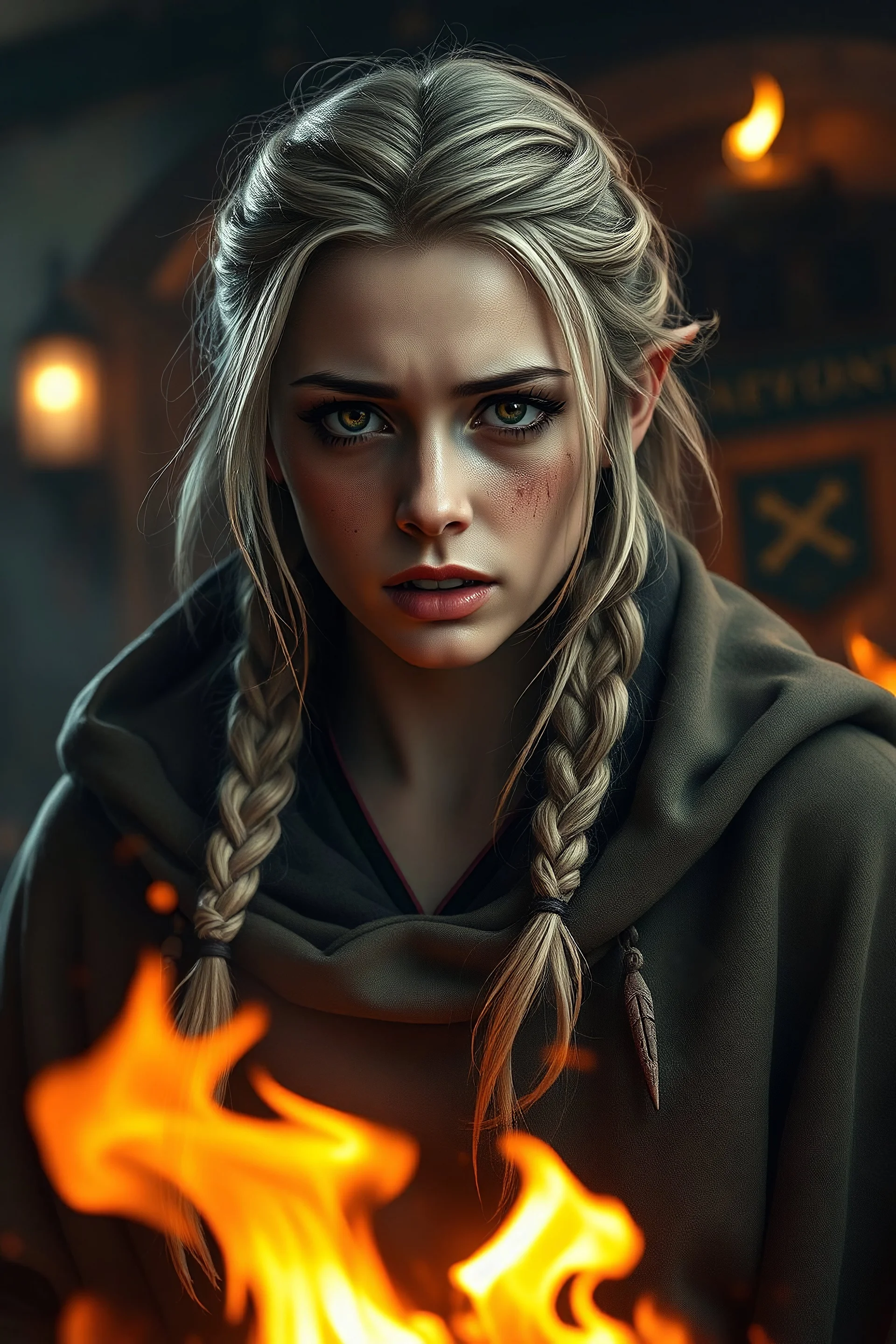 create a female half-elf, medium ash blond hair, loose unkempt braids, dark grey eyes, wearing a fitted hooded cloak, dirt on face, crying, screaming in front of a tavern burning down on fire, photorealistic, embers strong lighting