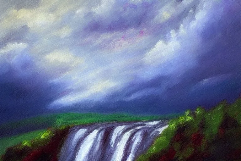 Cloudy dark sky, epic waterfall landscape, impressionism painting