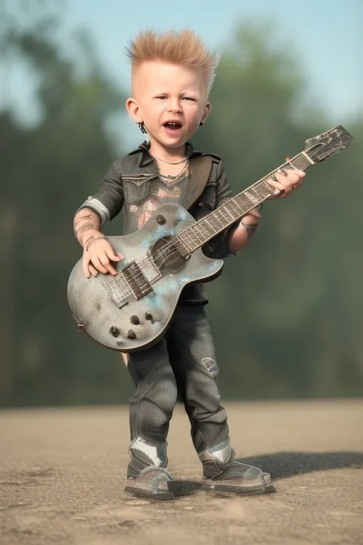 James hetfield toddler, full body, playing guitar, metal wear, bokeh,hyper realistic