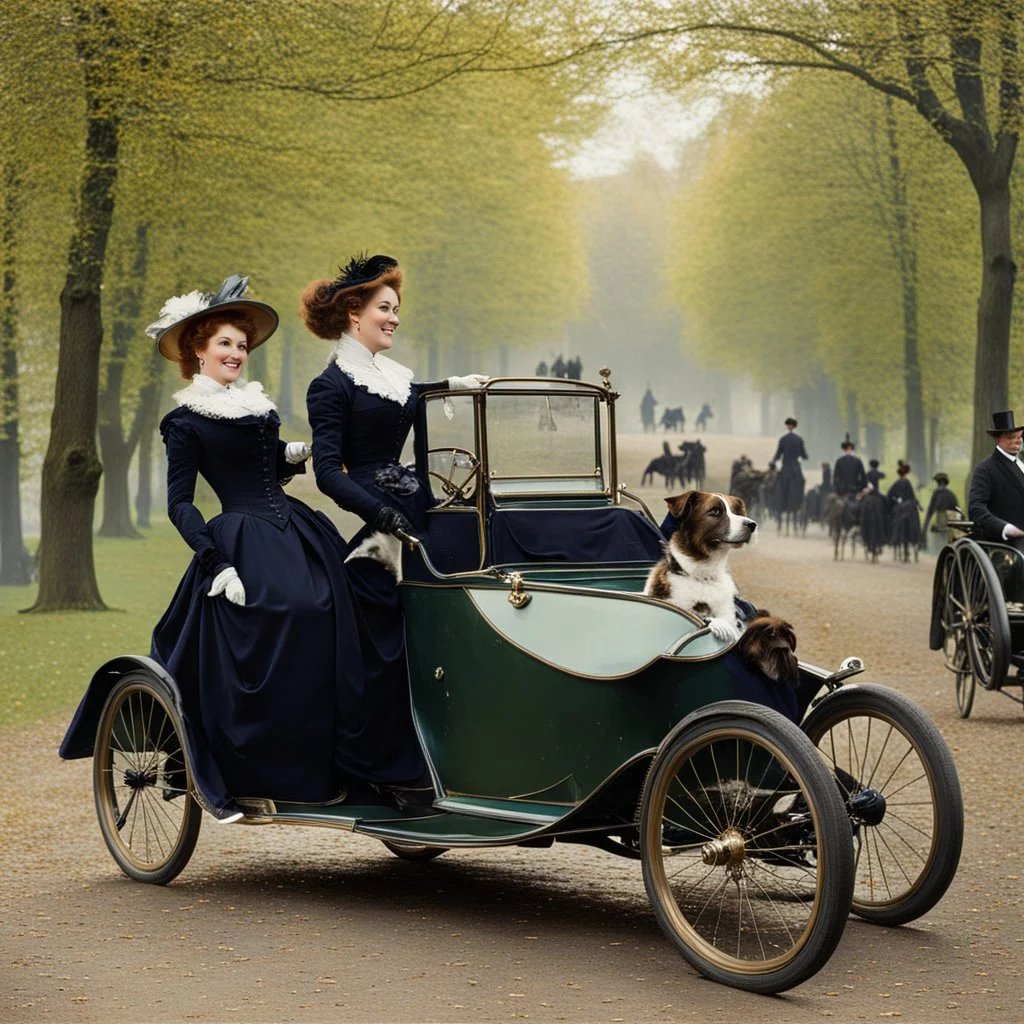 The Goldsmith Ladies in the Bois de Boulogne in 1897 on a Peugeot car, Julius LeBlanc Stewart, smile, dog