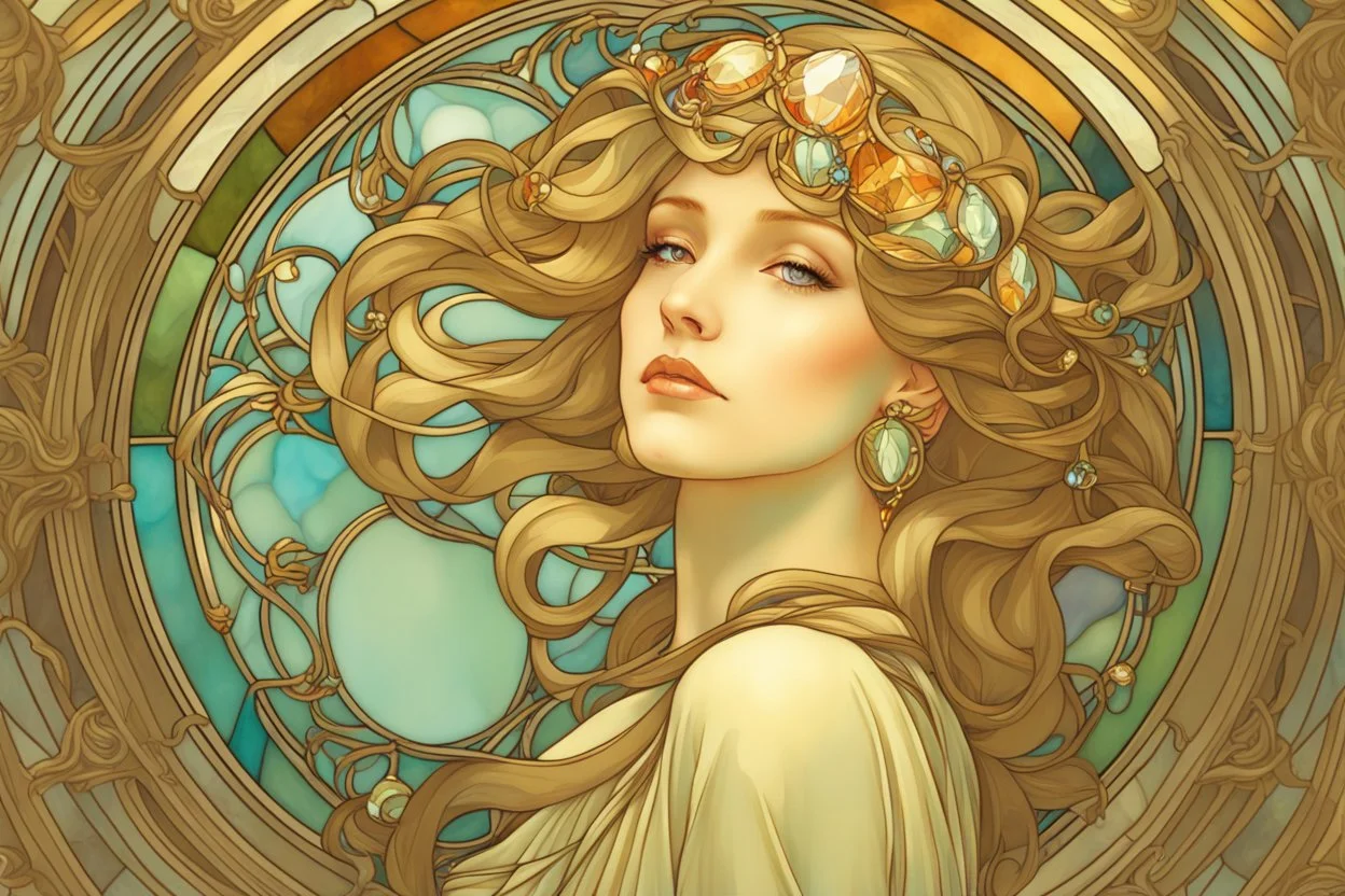 Stained Glass beautiful girl with jewels, pastel colors, in sunshine elegant extremely detailed very attractive beautiful dynamic lighting colourful Alphonse Mucha