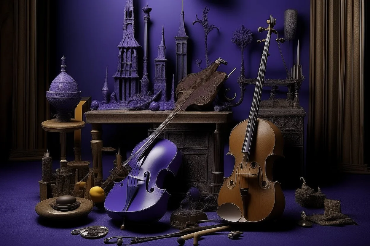 A violet city made out of musical instruments painted by Caspar David Friedrich