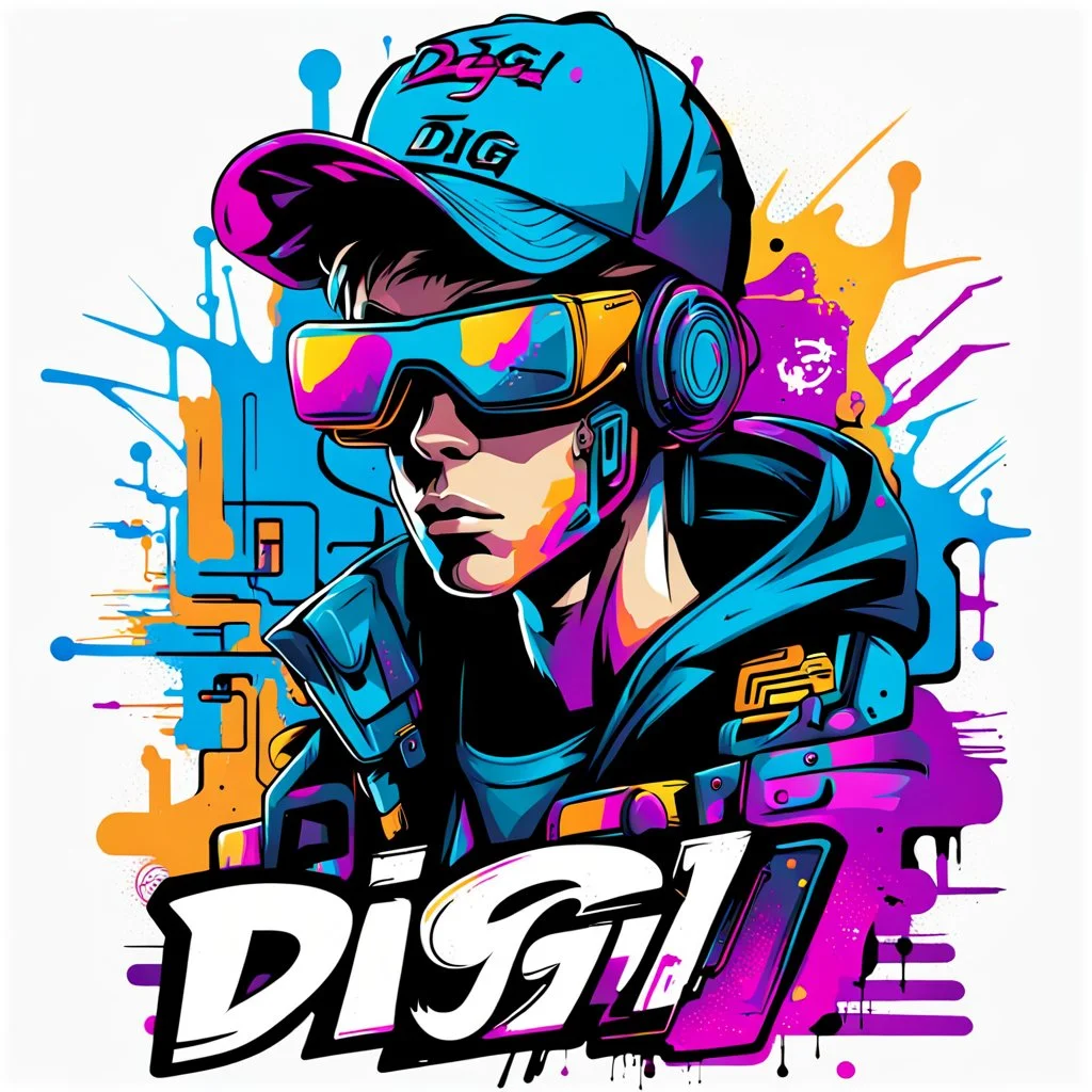 Vector t shirt art ready to print abstract color graffiti illustration of a cyberpunk boys and a basecap with text "Digi".On cap, white background.