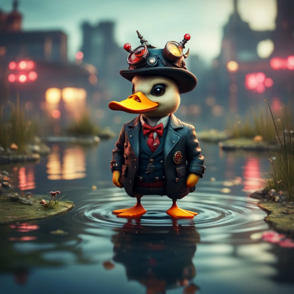 punk duck devil pimp with bitchess in pond, in the style of a fallout 4,bokeh like f/0.8, tilt-shift lens 8k, high detail, smooth render, down-light, unreal engine, prize winning