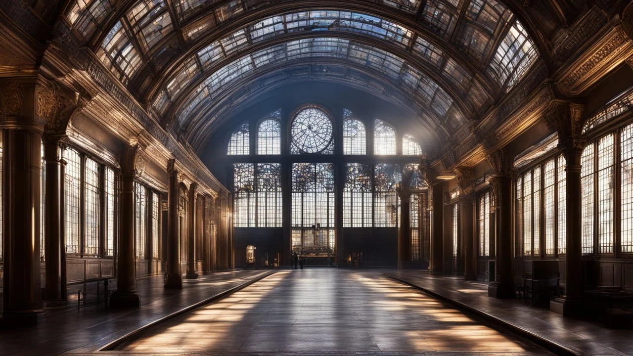 2032. Unusual amazing historic railway station, beautiful, strange, inspiring, extraordinary design, peaceful, restful, majestic strength, beautiful lighting, attractive composition, photorealistic, extremely detailed, chiaroscuro, rule of thirds