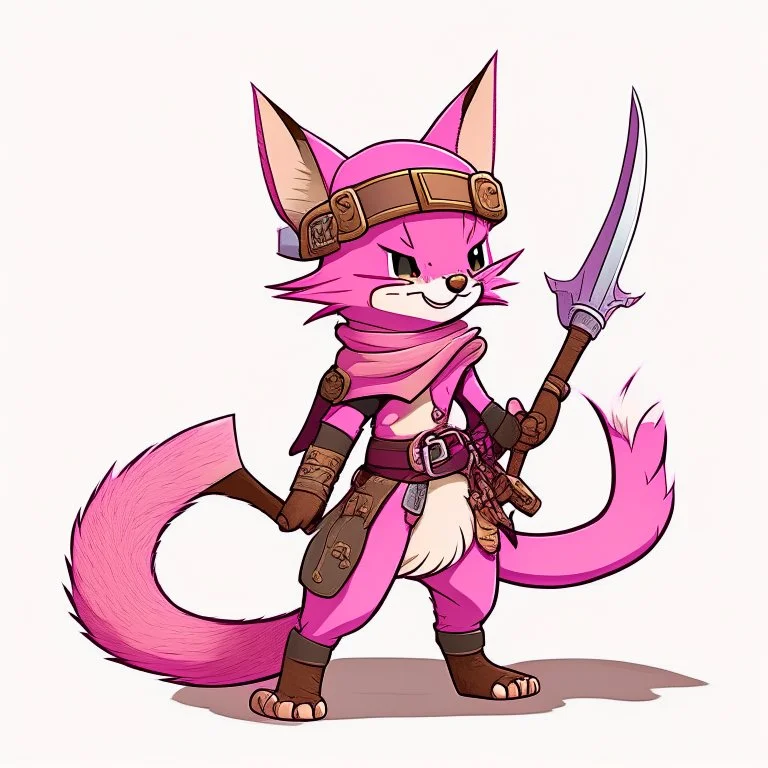 Create a cartoon illustration of a pink, furry creature with large ears and a long tail. The creature should be wearing a brown hat with goggles, a pink scarf, a pink jumpsuit, brown leather boots, and a brown leather belt with a pouch and a dagger. The creature should be standing with its right hand on its hip and its left hand holding a dagger. The creature should have a friendly expression on its face. The background should be white