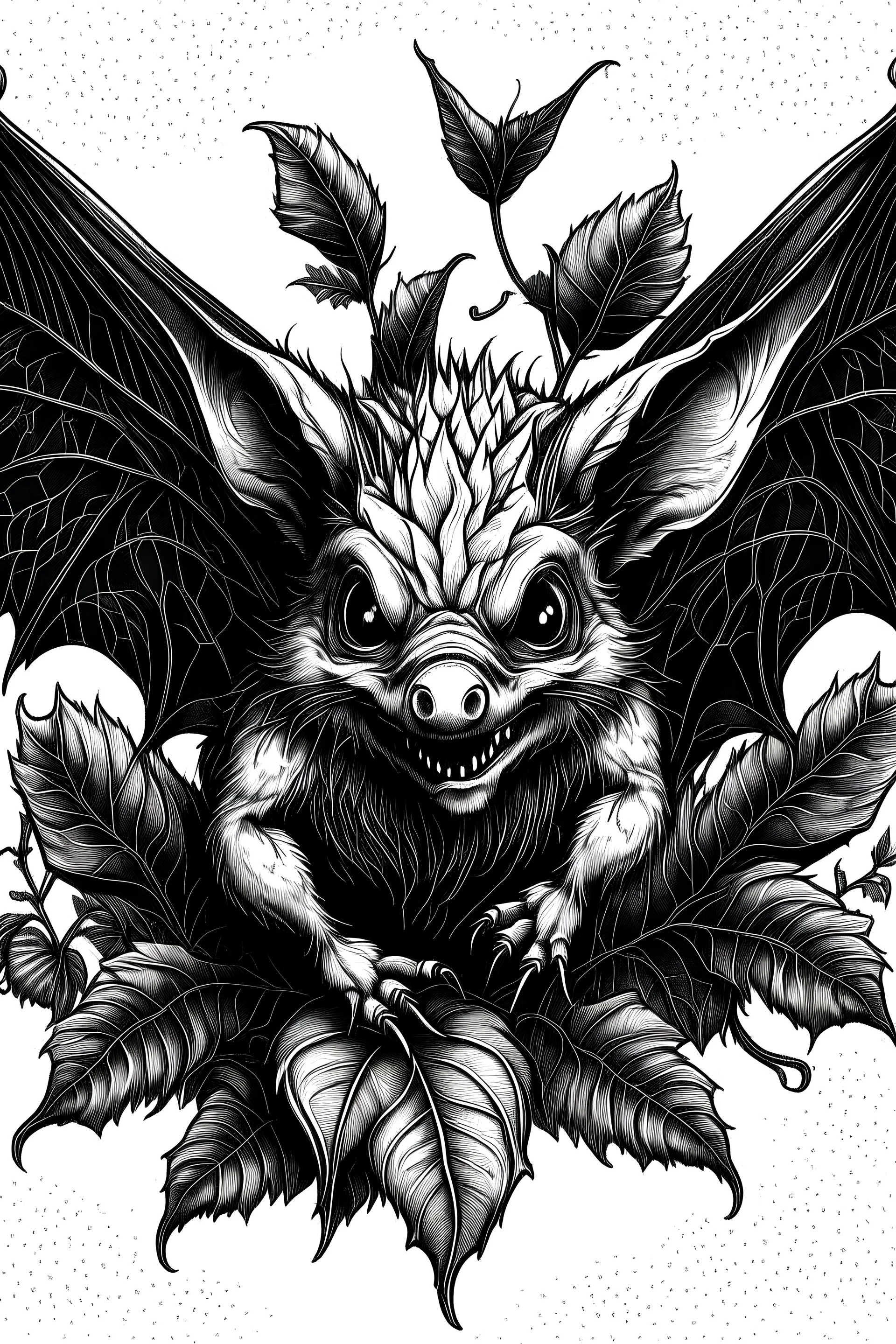 black and white Illustration of Vampire bat with wings made out of tobacco leaves