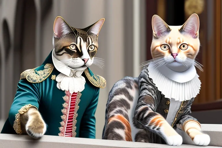 Mature cats dressed like "Wolfgang Amadeus Mozart", paws, playing music, street, Vienna, friendly, sunny day, model style, hyper realistic, extremely accurate, delicate, extremely detailed, Graphic novel style, wide-angle, open aperture, superfine pencil