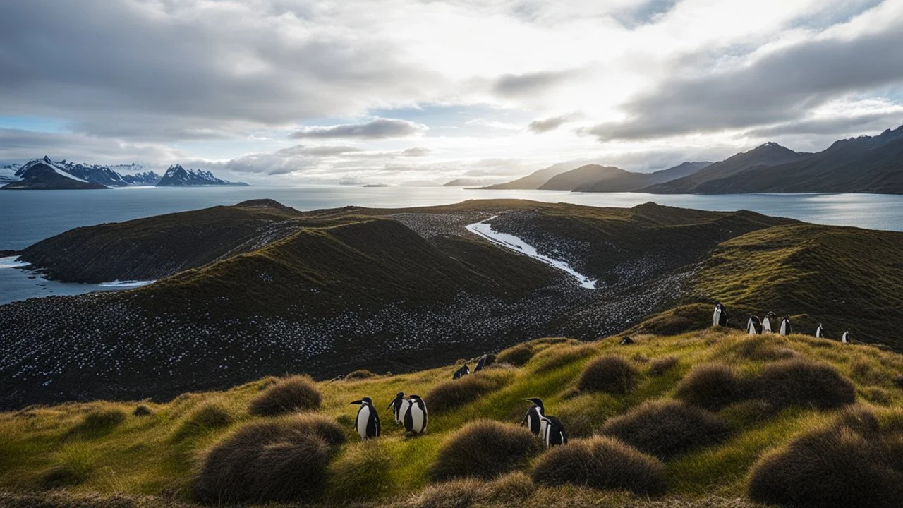 South Georgia island, penguin colony, ocean, mountains, sky, beautiful composition, award-winning photograph, astonishing realism, 28mm lens, adjust perspective