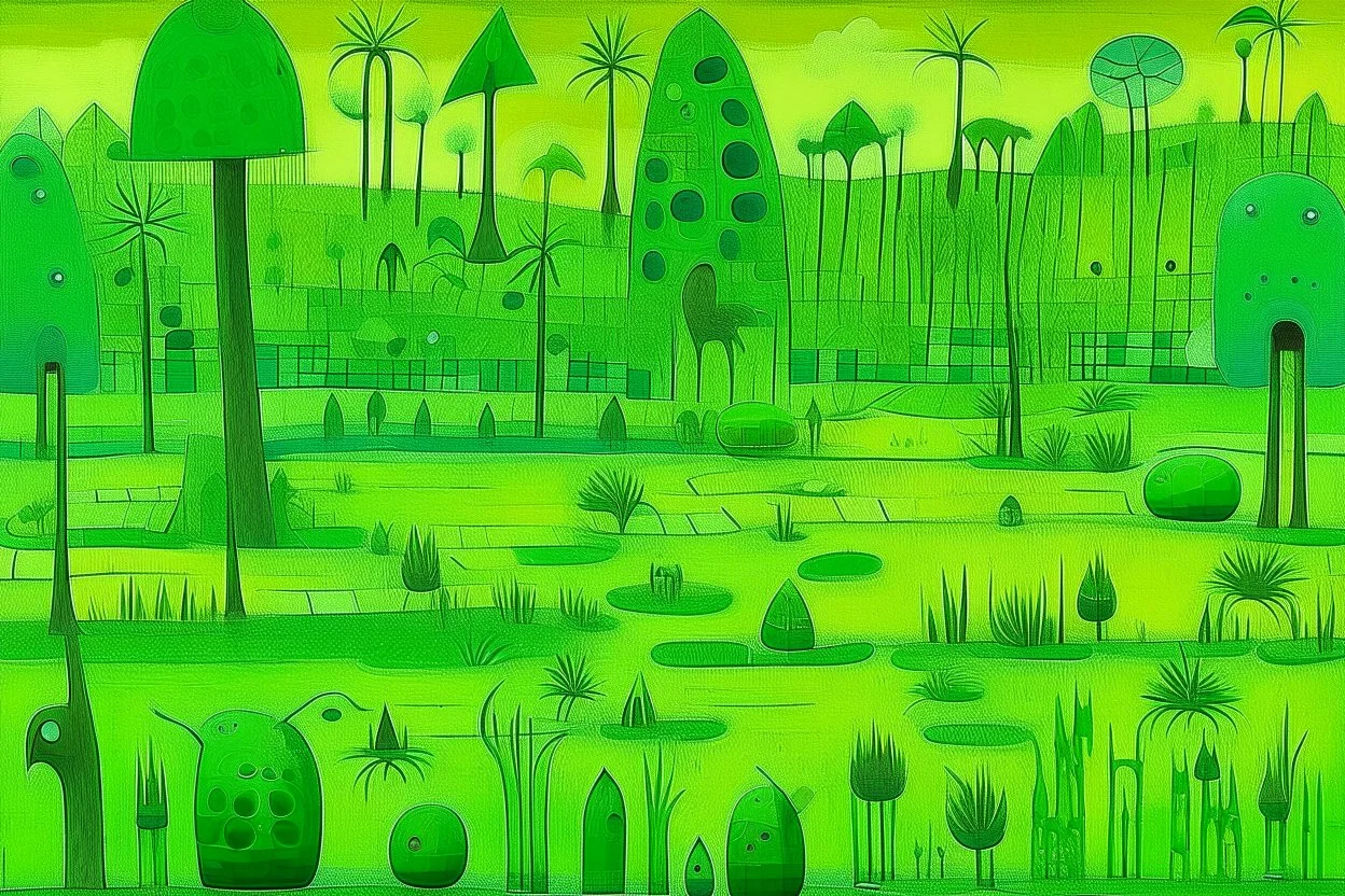 Lime green wetlands with bugs designed in Moai sculptures painted by Paul Klee