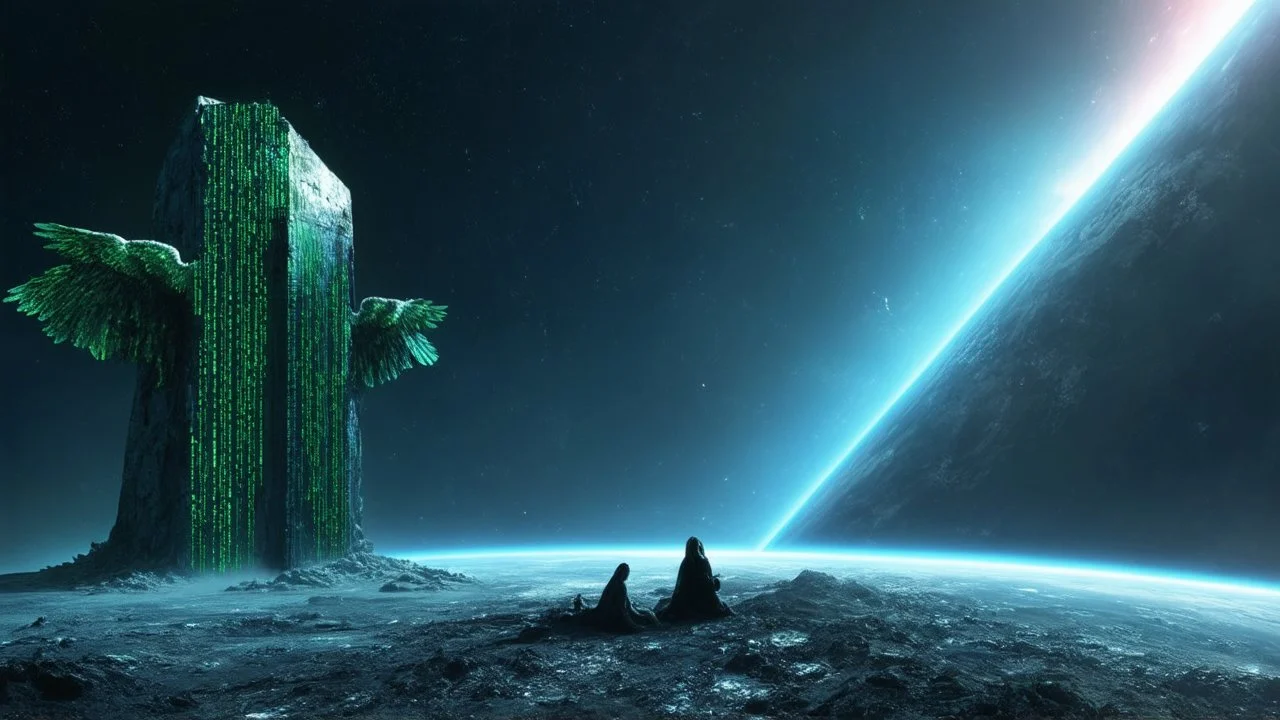 few tiberium monolith deposits on the planet with a space trees on the left and right side, matrix codes and the back ground of the angels siting monolith made of tiberium