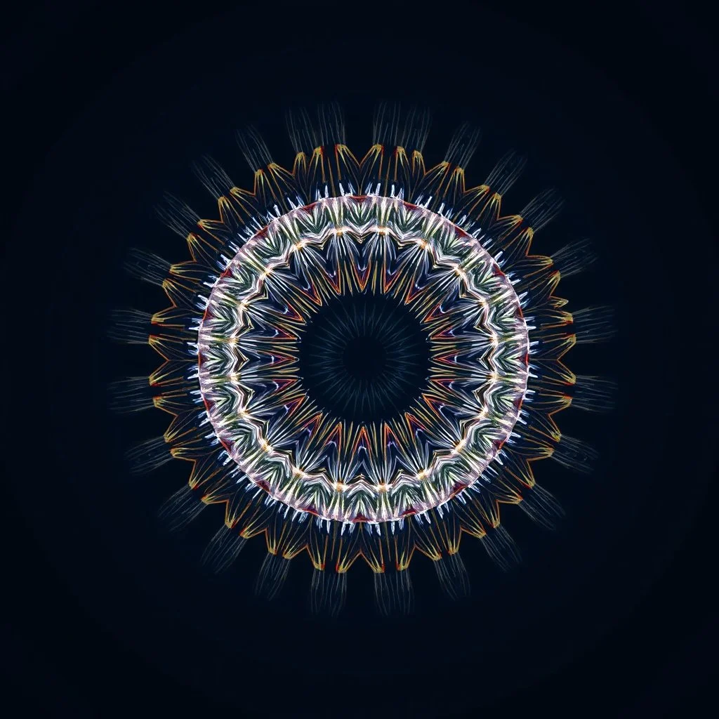 2d Kaleidoscope recursive made of a metallic random color ribon circle ring turning many times in side of a bigger circle with random points in first circle making line art,blue gray tema background