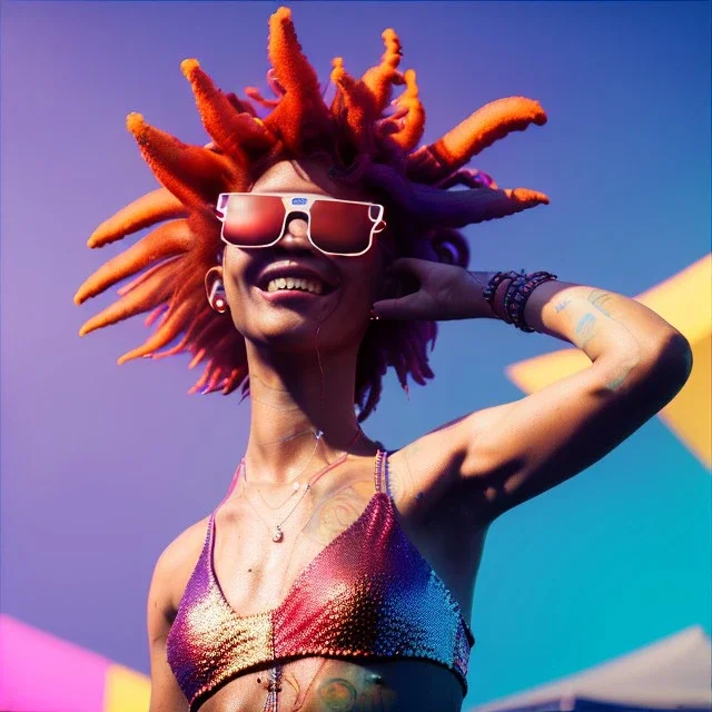 Ultra Realistic photo, medium shot view, drunken dancer bikini woman, carnival scene, monster hair, steampunk. Red hair, confeti, Sunglasses, smile, happy, festival. ovni, alien, gradient color fog. highly detailed, concept art, unreal engine 5, ray tracing, RTX, lumen lighting, ultra detail, volumetric lighting, 3d, finely drawn, high definition, high resolution.