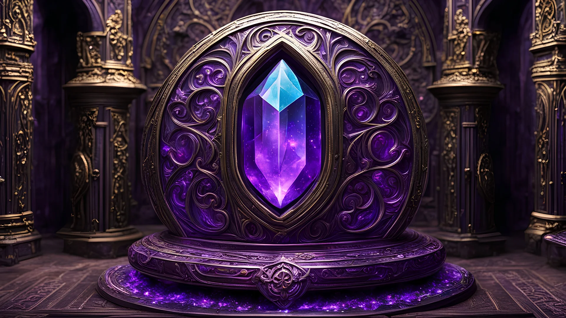 The motherstone: a bismuth like magical stone holy to the Kaïan violet wood elves. It is kept in a dark chamber with iridescent circuitry throughout the dark stone walls and floors. Dark and moody yet ethereal. Art Nouveau.