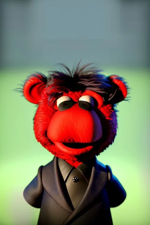 Waist up muppet Portrait, Kim Jong-un muppet doll, black suit, photo studio, red background, unreal engine 5, concept art, art station, god lights, ray tracing, RTX, lumen lighting, ultra detail, volumetric lighting, 3d.