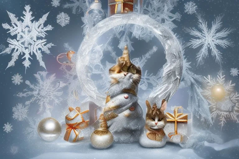 Double exposure, merged layers, Christmas fantasy, cat Christmas ornaments, gifts, double exposure, snowfall, heart, snowflakes, icy snowflakes, burlap, gems and sparkling glitter, sunshine