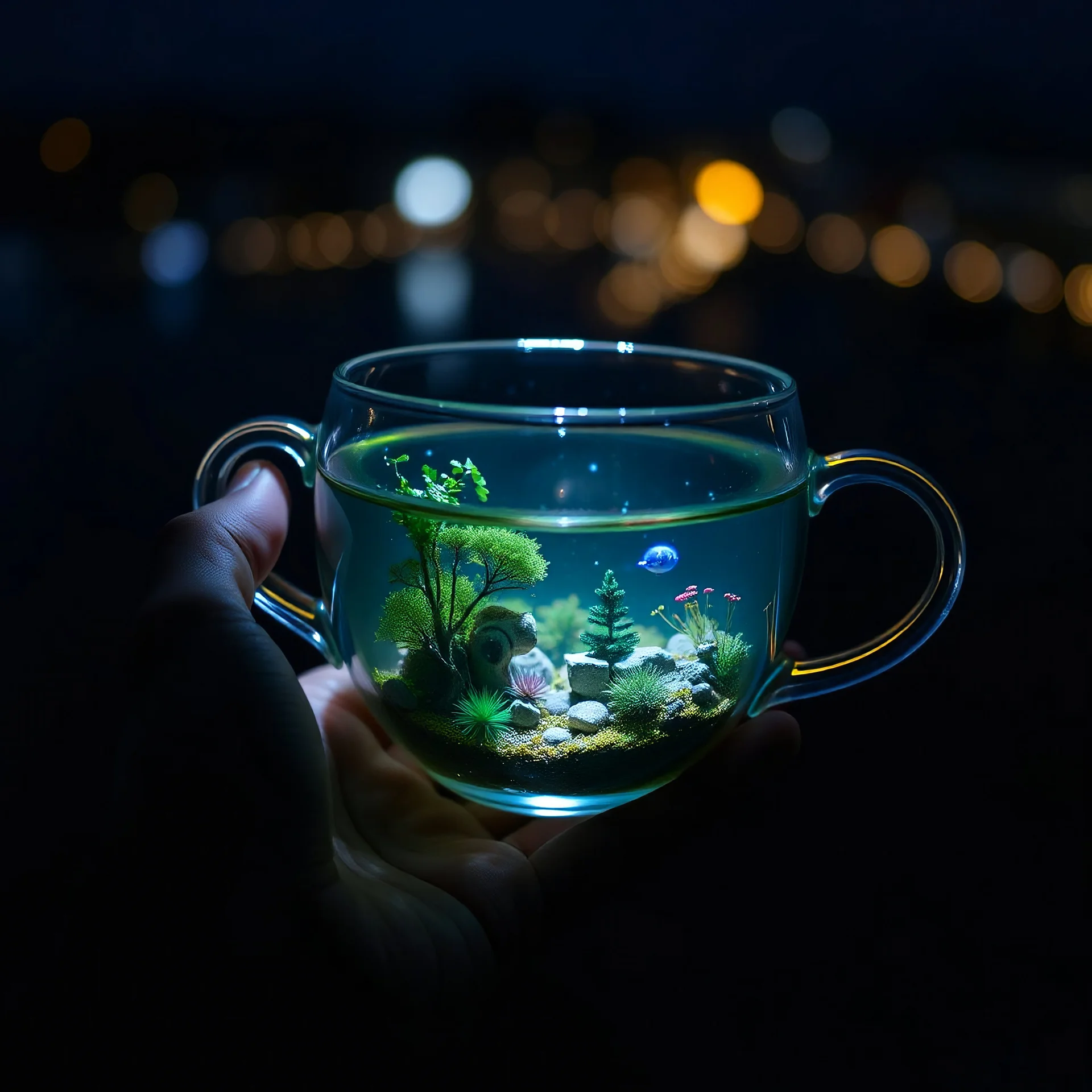 A hand holds a transparent teacup containing a miniature undersea environment at night