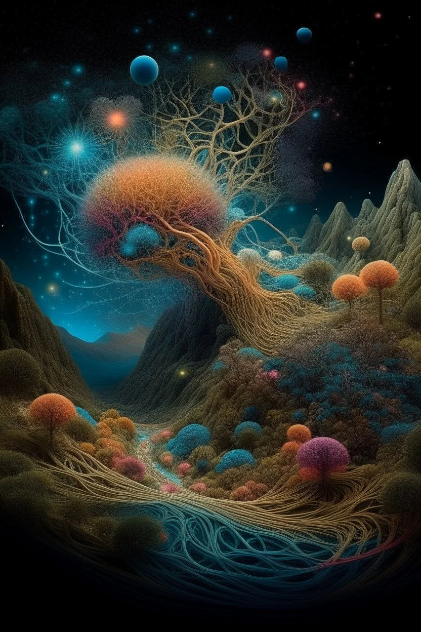 Fabulous composition, cosmic, hyperrealistic, microdetalization, surreal, drawing details, clear outline, color illustration, aesthetically pleasing, stardust, mystical landscape, curved trees, calendula, dark fantasy, monsters, multicolor, detailed, 3d, threads, fibers, bolto, mountains, fantastic pine neurons,ambient clarity,voluminous