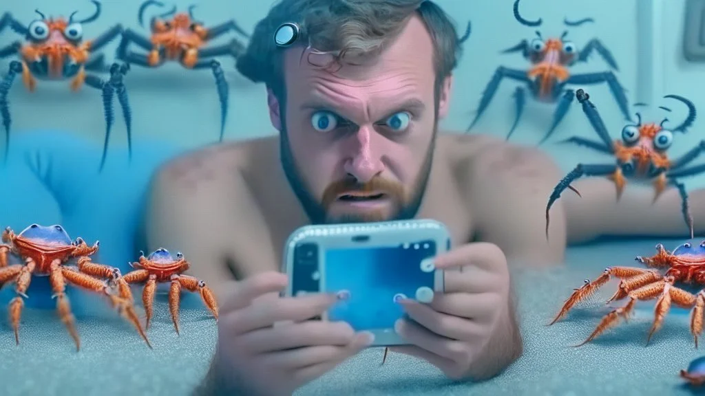 guy with creepy smirk watches censored videos on smartphone surrounded by tiny crabs