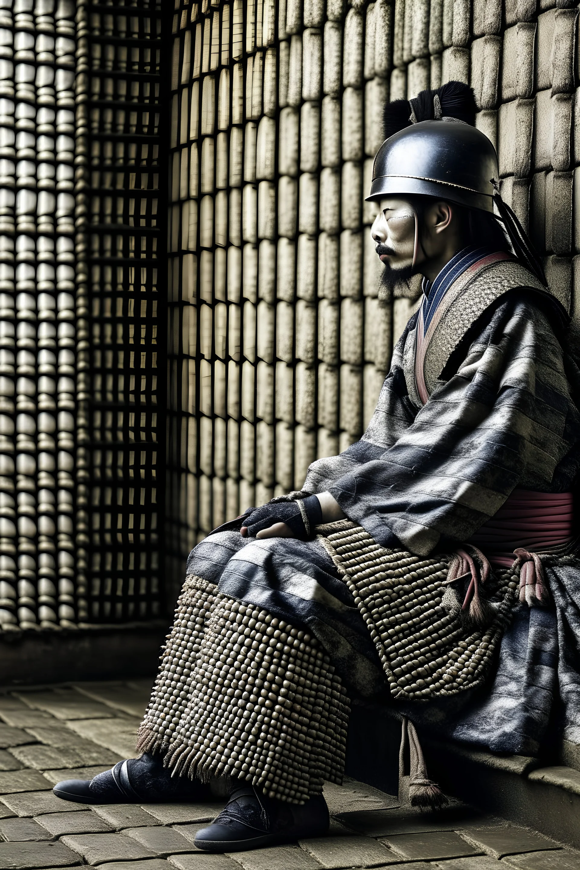 Samurai sitting against wall