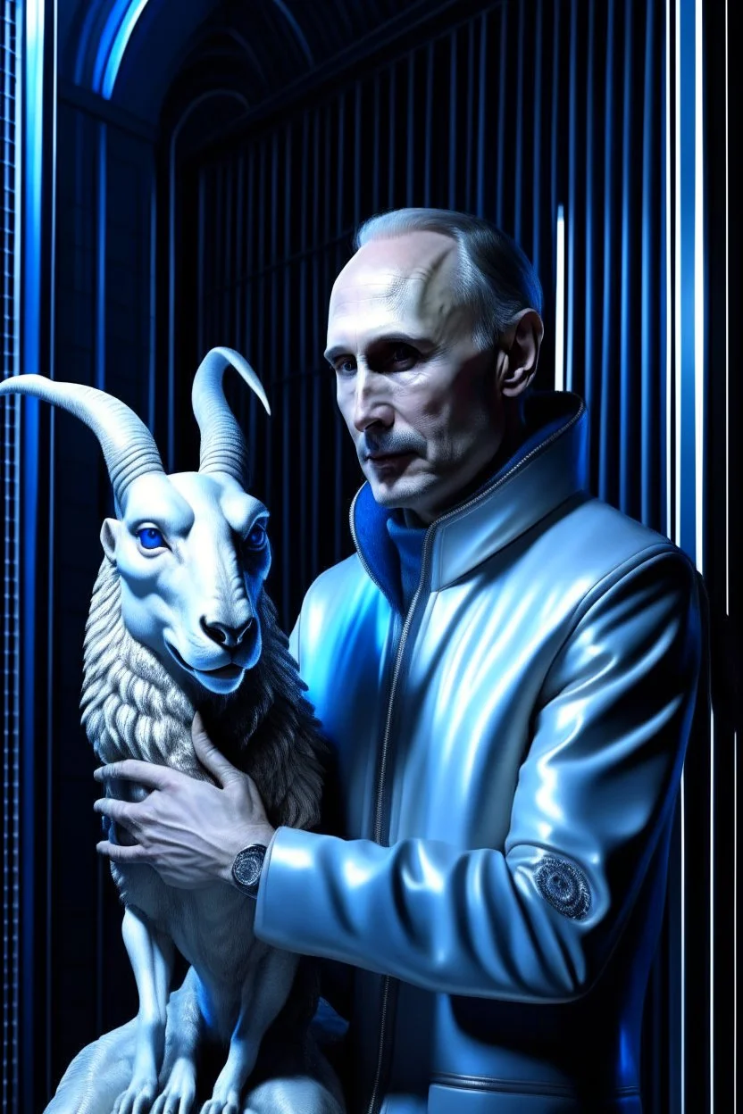 putin holding a goat in the style of giger, spraypaint, photorealism, trending on artstation, 8k, depth of field, downlight, lightrays, volumetric, white hall podium, brown and blue