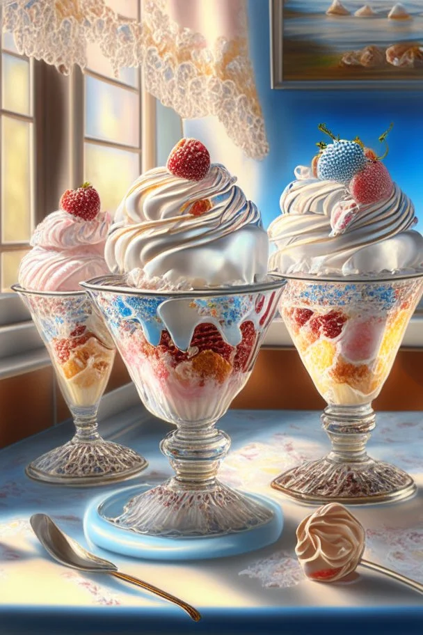 Beautiful ice-cream sundaes on a modern kitchen counter, on embroidered lace, Hyper realistic, oil on canvas award winning fantastic view ultra detailed acrylic art Ultra realistic Impressionism Surrealism simen johan, sharp focus intricate oil on canvas cinematic lighting photorealistic high detail ultra detailed crisp quality in sunshine