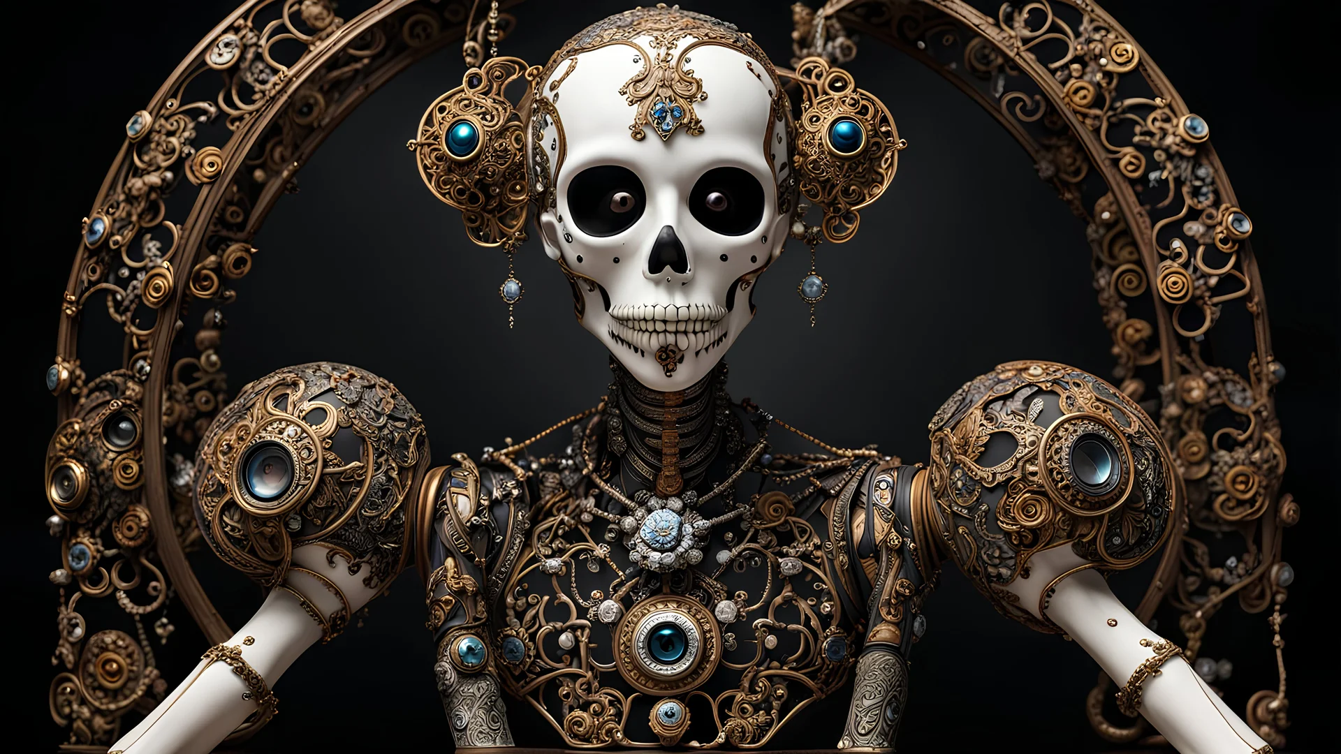 Posable Art crash test dummy, Eerie, jeweled and Porcelain Painted bone, filigree, museum setting, Dark Fine Arts, Morbid Fine Arts, Macabre Fine Arts, 16k Resolution, Trending On Artstation, High Quality, Sharp Focus, Intricate Details, Intricate Patterns, Chaotic, Dynamic Lighting, Backlit, Professional Photography, Canon Lens, Full Figure Shot, Deep Color, copper and Silver Hour