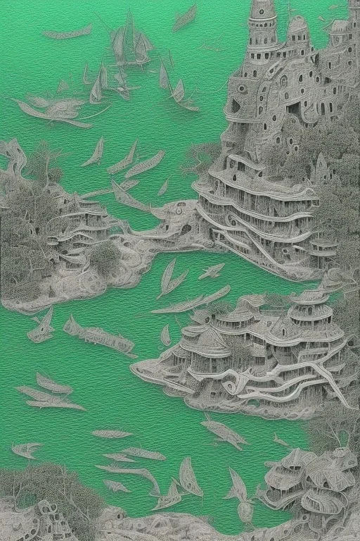 a GREEN INK DRAWING, by M. C. ESCHER, mixed media, textured, TULUM SEA SHORE WITH MODERN FISHING BOATS FLOATING ON THE SEA, sharp focus, highly detailed