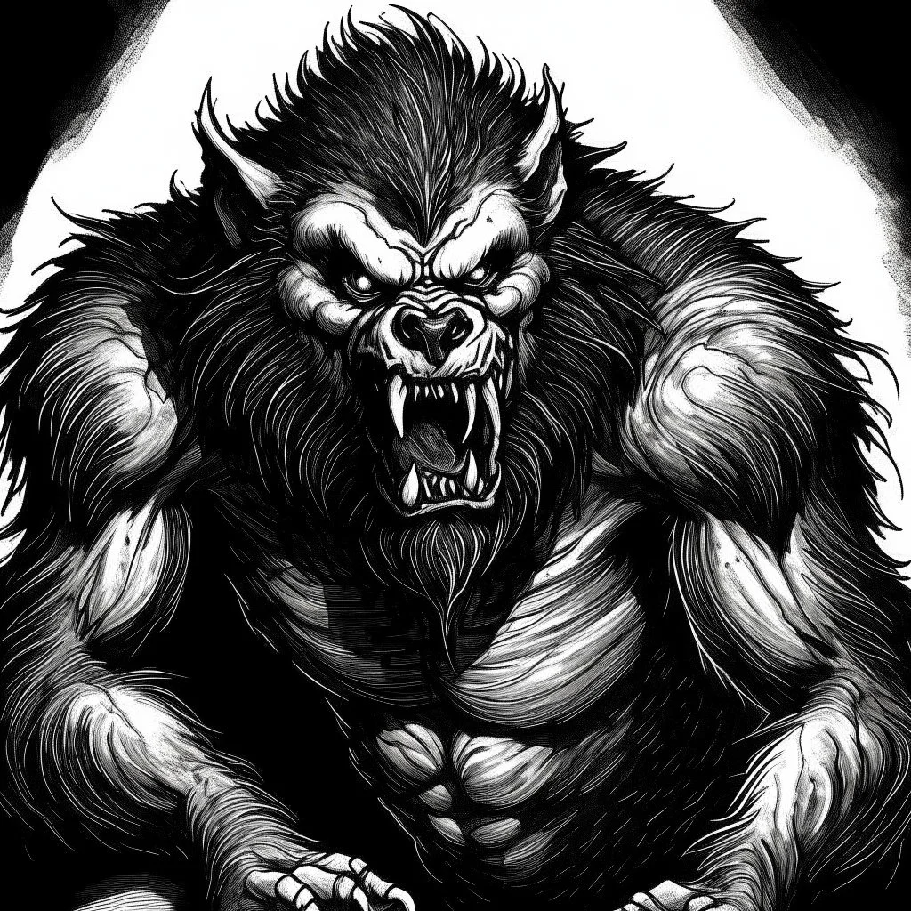 A black and white drawing, a werewolf