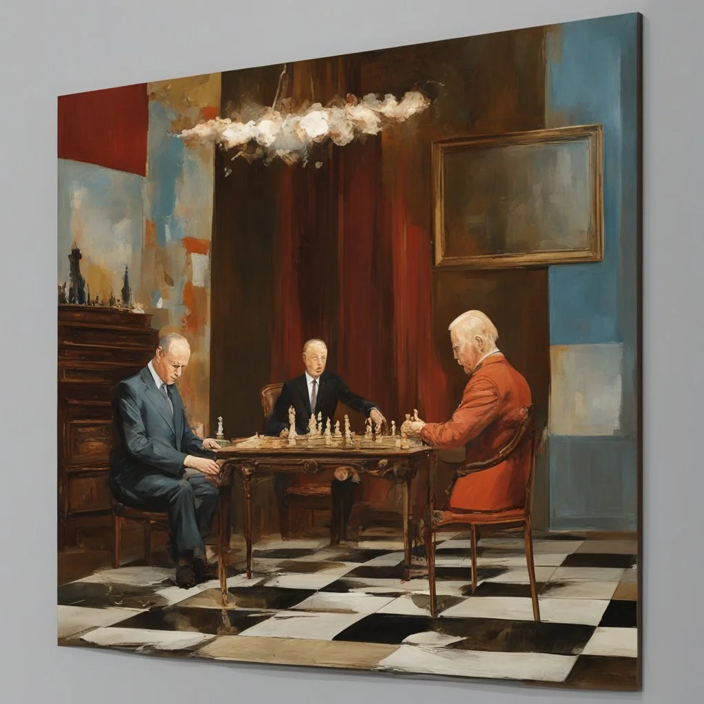 Putin, President Xi Of China And Joe Biden Play Chess With Atomic Bomb Mushroom Cloud,Complex Surgical Instruments Intermixed With A Newborn Boy,Minimalism,Painting By Adrian Ghenie,Rene Magritte,Pablo Picasso,Michelangelo,Salvador Dali,Lucian Freud