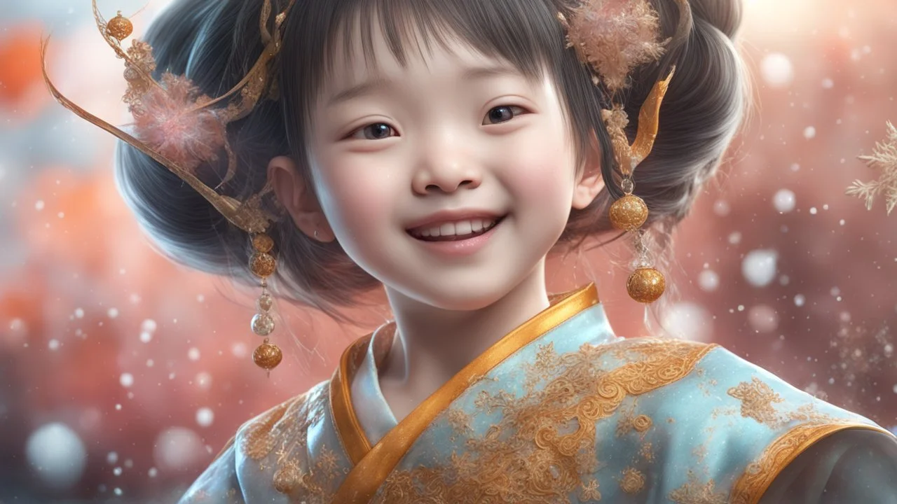 Magical Fantastic young happy Chinese female child, Liquid Structure, Flying snowflakes, excitement, Splash, Portrait Photography, Fantasy Background, Intricate Patterns, Ultra Detailed, Luminous, Radiance, Ultra Realism, Complex Details, Intricate Details, 16k, HDR, High Quality, Trending On Artstation, Sharp Focus, Studio Photo, Intricate Details, Highly Detailed