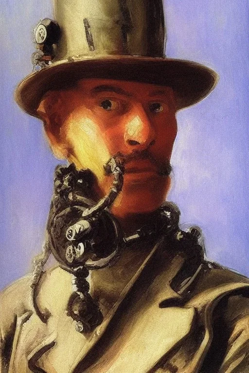 steampunk , portrait of 🗿 as a human high details high quality , painted bye John Singer Sargent, painterly, highly detailed, close up