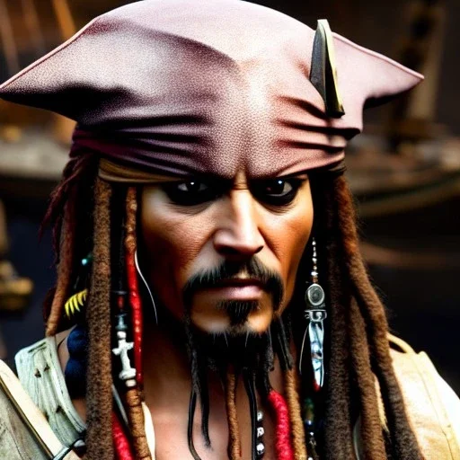 captain jack sparrow, dark, disturbed expression, 12k, ultra high definition, finely tuned detail, unreal engine 5, octane render, ultra realistic face, detailed make-up, detailed hair, use dynamic palette, accurate proportions, high contrast, black smokey bokeh background