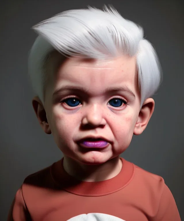 Pedro almodovar toddler, full body, white hair, dramatic lighting, hyper realistic